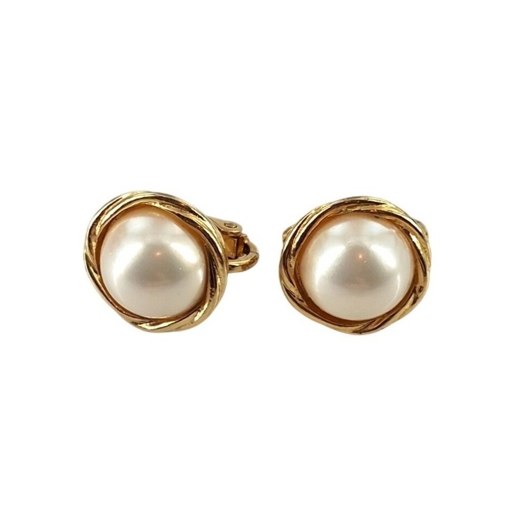 Vintage 80s Gold Tone Faux Pearl Rope Border Clip On Earrings - Classic Round